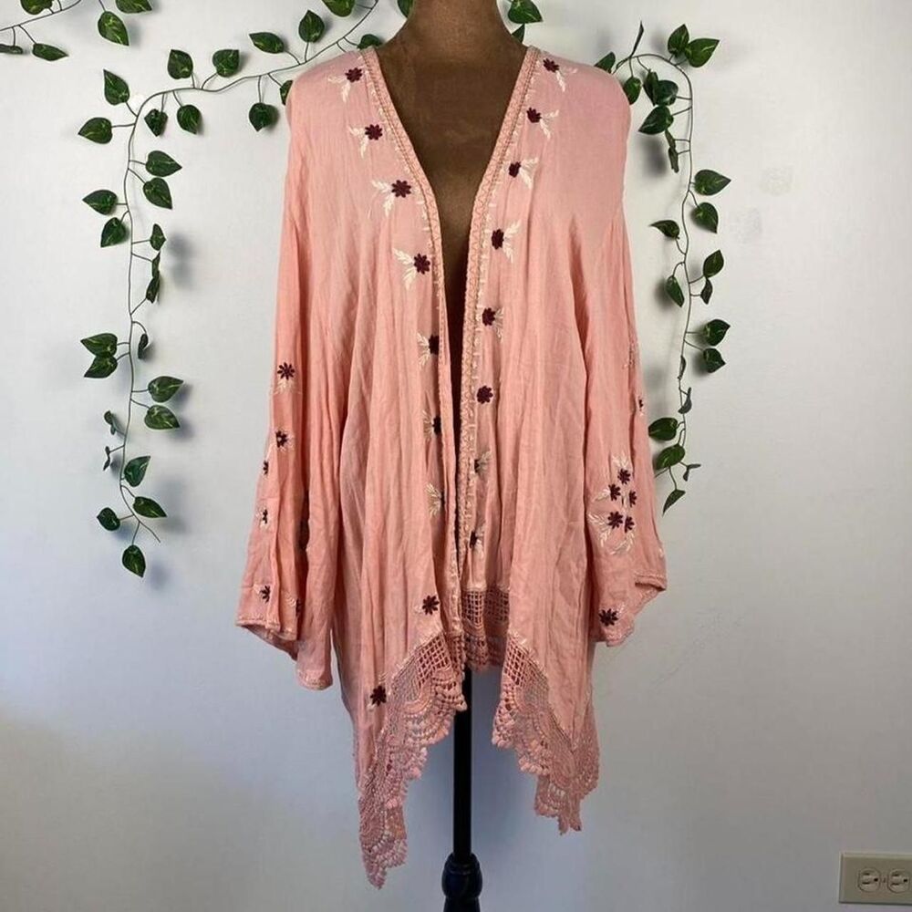 Alya Pink boho cardigan floral embroidery crochet lace hem fairy cottage whimsy